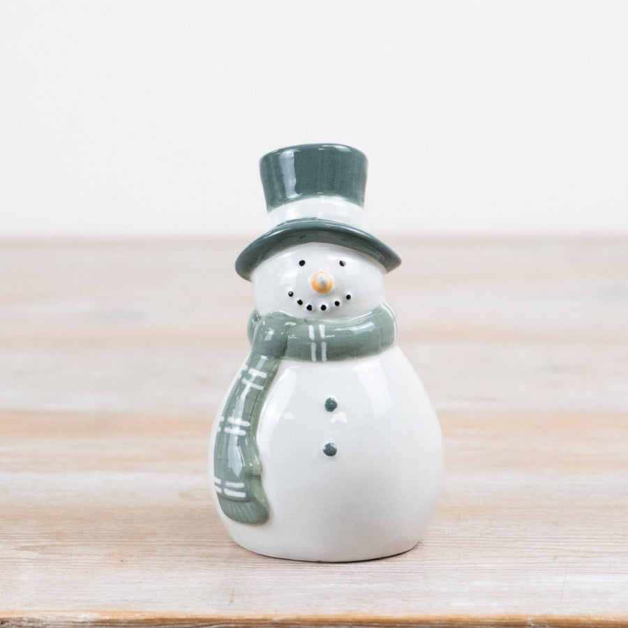 Ceramic Snowman Ornament 16cm – White Glazed Christmas Decoration with Green Hat & Scarf, Festive Home Decor Accent
