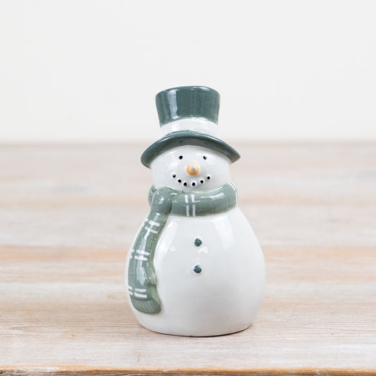 Ceramic Snowman Ornament 16cm – White Glazed Christmas Decoration with Green Hat & Scarf, Festive Home Decor Accent