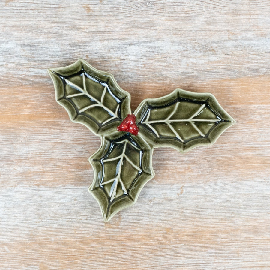 Ceramic Holly Dish Green Glazed Christmas Serveware Festive Leaf Bowl Red Berry Accent 22.5cm Item #81125
