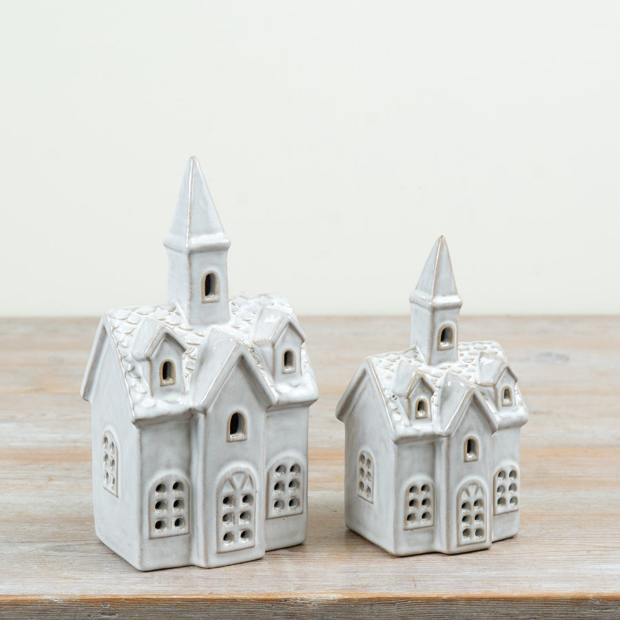 Ceramic LED Church with Natural Glaze – 16cm