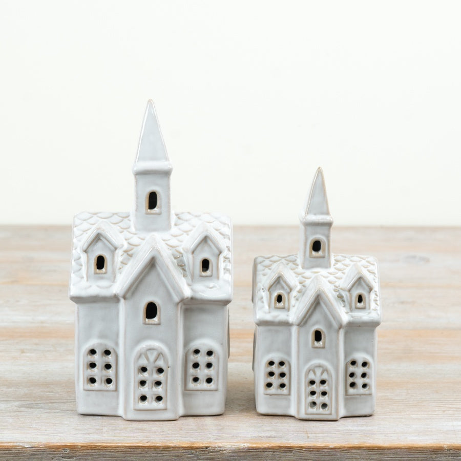 White Ceramic LED Church Decoration Light Up Christmas Church Ornament Festive Home Décor 20cm Item #81152
