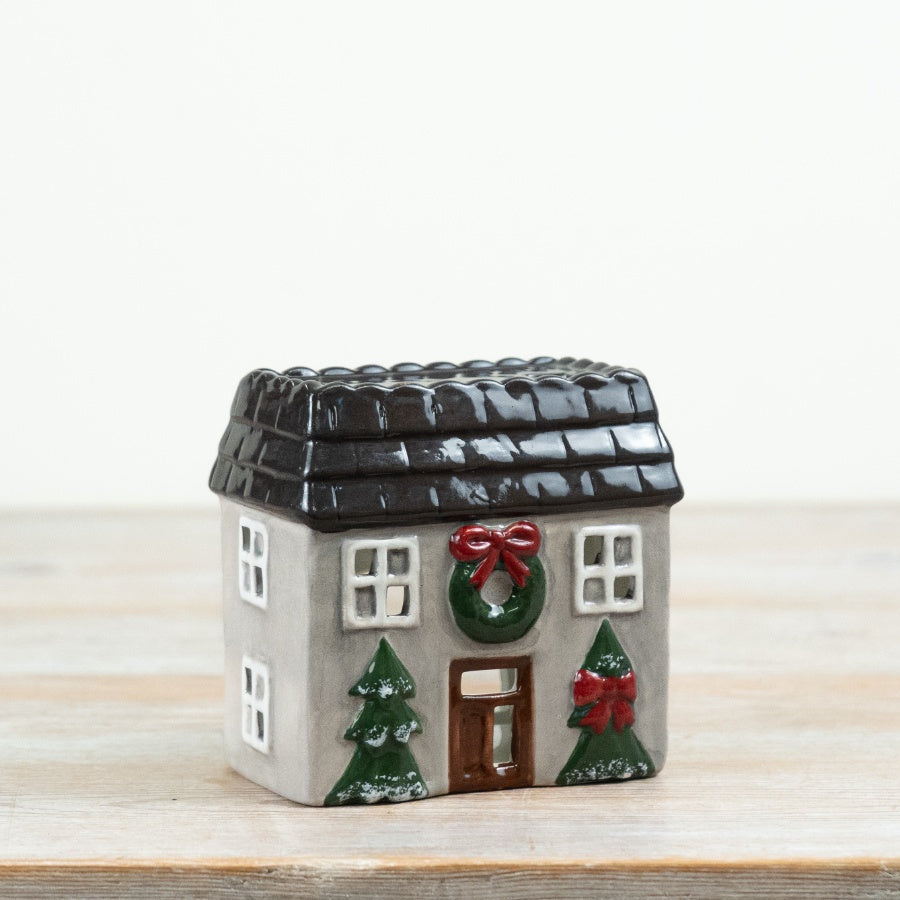 Grey Candle House Ceramic Tealight Holder Grey & Red House Lantern Festive Home Décor 11cm Item #81156