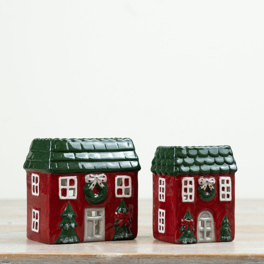 Red & Green Candle House Ceramic T-Light Holder Christmas Cottage Decoration Festive Home Décor 10cm Item #81167