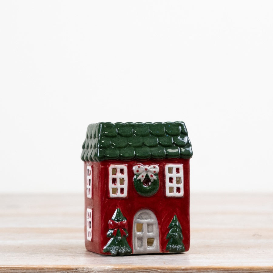 Red & Green Candle House Ceramic T-Light Holder Christmas Cottage Decoration Festive Home Décor 10cm Item #81167