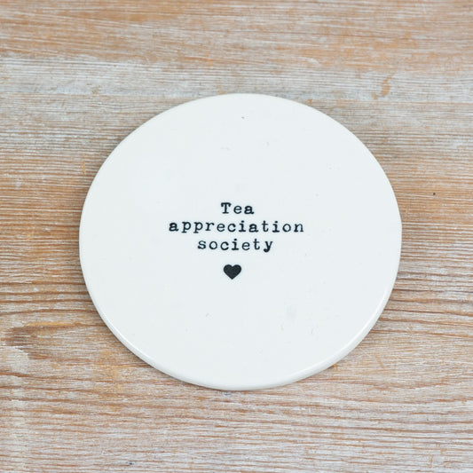 Tea Appreciation Society Coaster 10cm – Ceramic Drink Coaster, Tea Lover Gift for Table & Desk Protection
