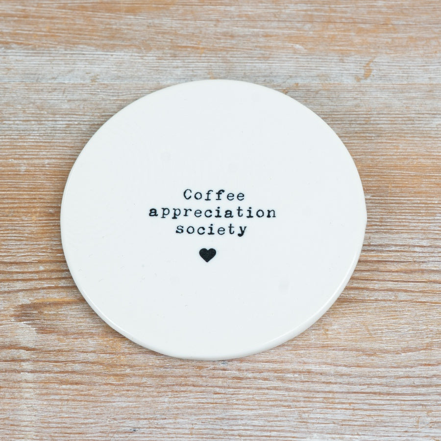 Coffee Appreciation Society Coaster 10cm – Ceramic Drink Coaster, Coffee Lover Gift for Table & Desk Protection