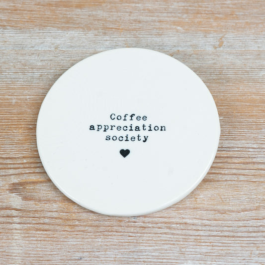 Coffee Appreciation Society Coaster 10cm – Ceramic Drink Coaster, Coffee Lover Gift for Table & Desk Protection