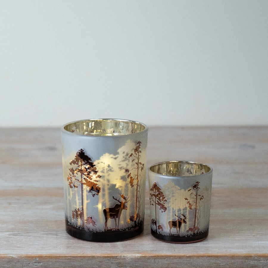 Candle Holder Tree and Deer Frosted Glass Tealight Holder Woodland Stag Candle Holder Festive Home Décor 12.5x10cm Item #81187