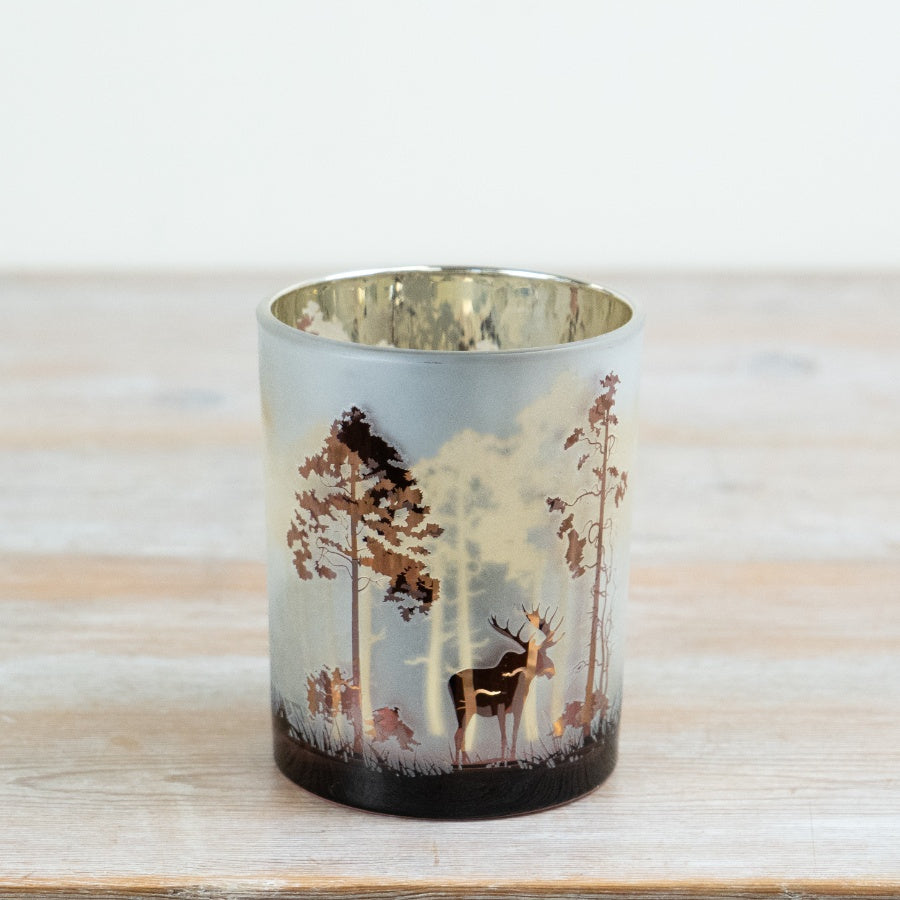 Candle Holder Tree and Deer Frosted Glass Tealight Holder Woodland Stag Candle Holder Festive Home Décor 12.5x10cm Item #81187