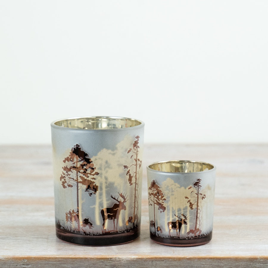 Candle Holder Tree and Deer Frosted Glass Tealight Holder Woodland Stag Candle Holder Festive Home Décor 12.5x10cm Item #81187