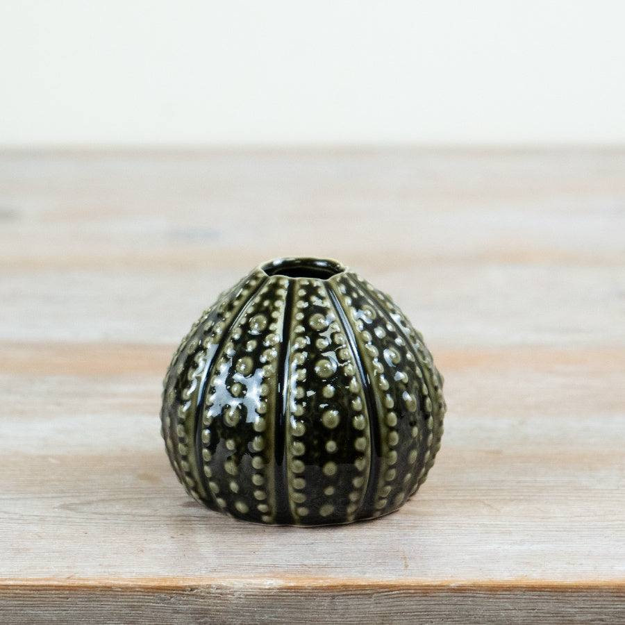 Sea Urchin Dark Green Vase Coastal Decorative Flower Vase Textured Ocean Inspired Home Décor 9.4cm