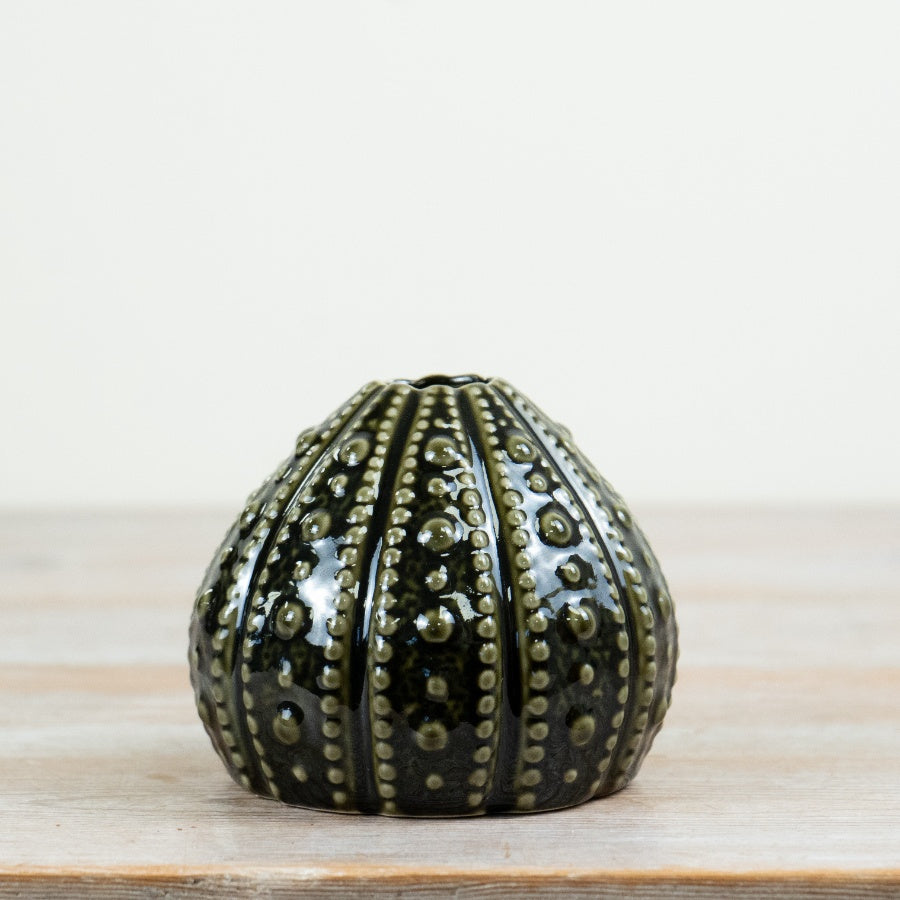 Sea Urchin Dark Green Vase Coastal Decorative Flower Vase Textured Ocean Inspired Home Décor 11.5cm