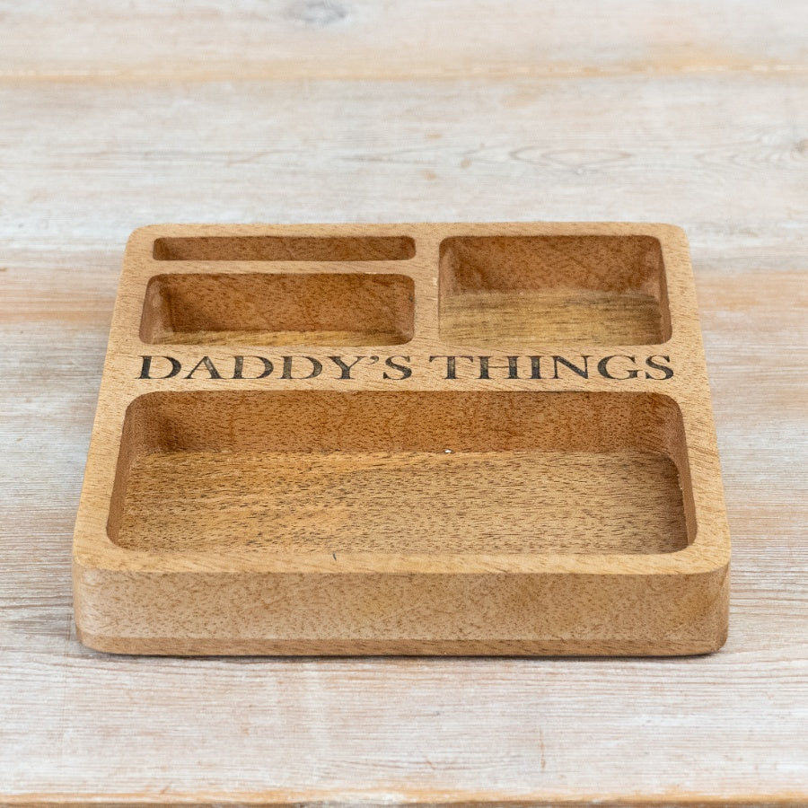 Daddys Things Wooden Organiser Tray 19cm – Mango Wood Storage Dish for Keys Watch and Essentials Fathers Day Gift