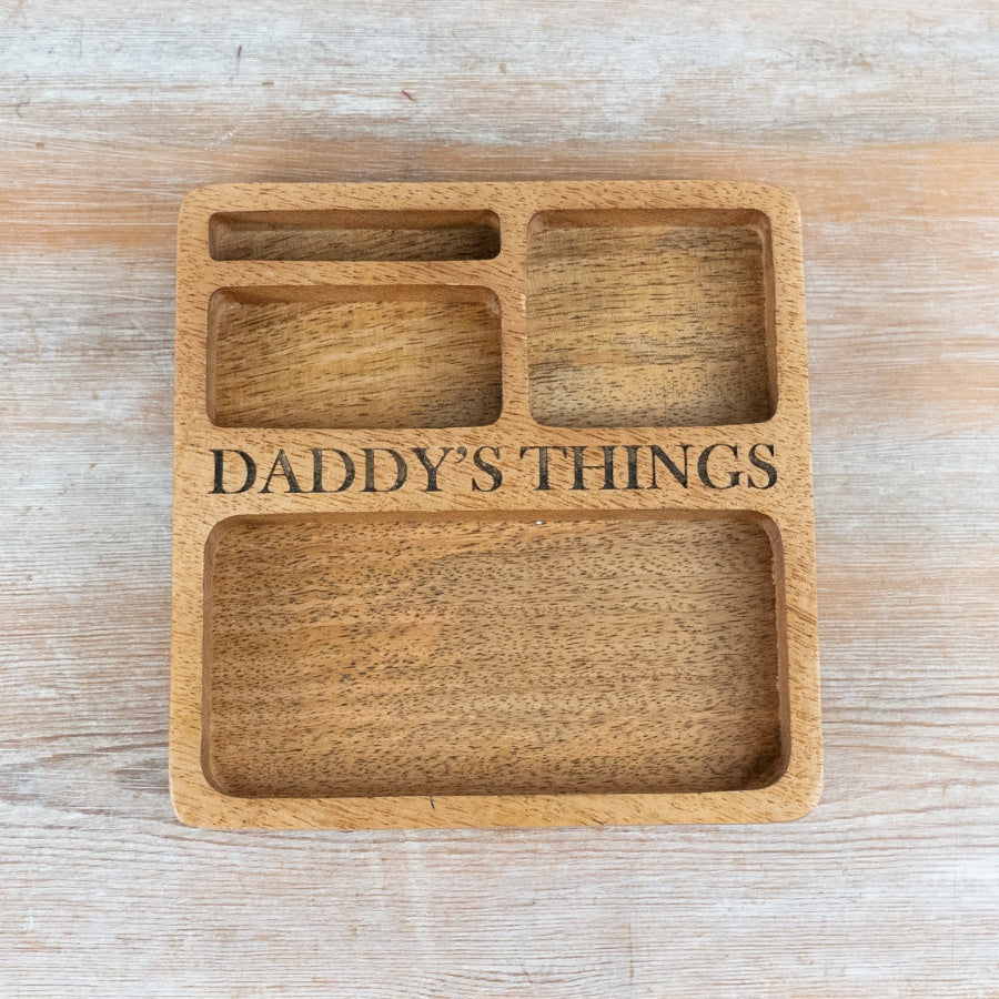 Daddys Things Wooden Organiser Tray 19cm – Mango Wood Storage Dish for Keys Watch and Essentials Fathers Day Gift