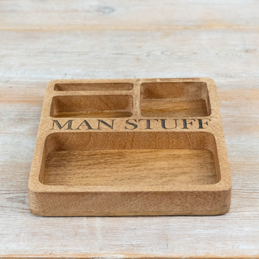 Wooden “Man’s Stuff” Tray 19cm – Phone & Keys Organiser, Dad Gift Storage Dish for Desk or Entryway