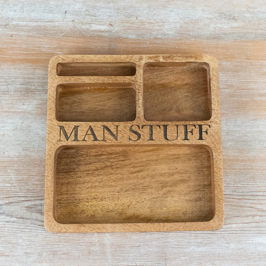 Wooden “Man’s Stuff” Tray 19cm – Phone & Keys Organiser, Dad Gift Storage Dish for Desk or Entryway