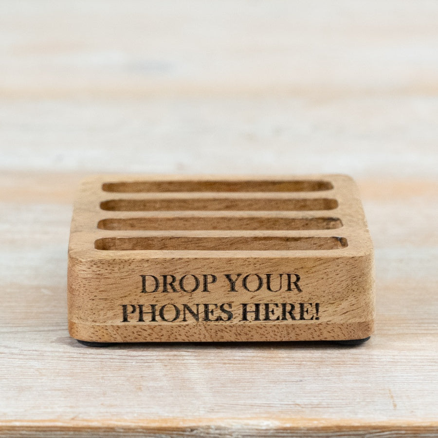 Wooden “Drop Your Phones Here” Stand 10.5cm – Mobile Holder Dock, Desk Organiser for Home Office & Workspace
