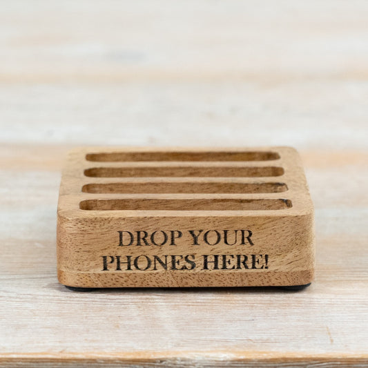 Wooden “Drop Your Phones Here” Stand 10.5cm – Mobile Holder Dock, Desk Organiser for Home Office & Workspace