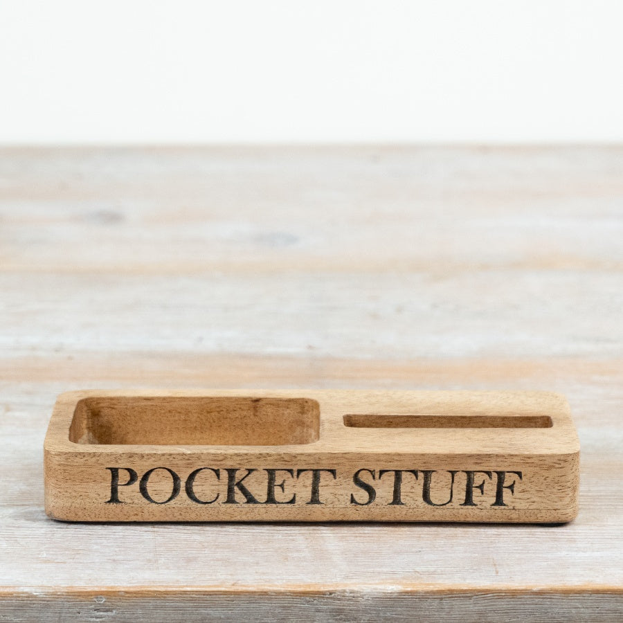 Pocket Stuff Wooden Phone Stand 21.5cm – Mens Desk Organiser Dock Storage for Keys Wallet and Accessories Gift for Dad