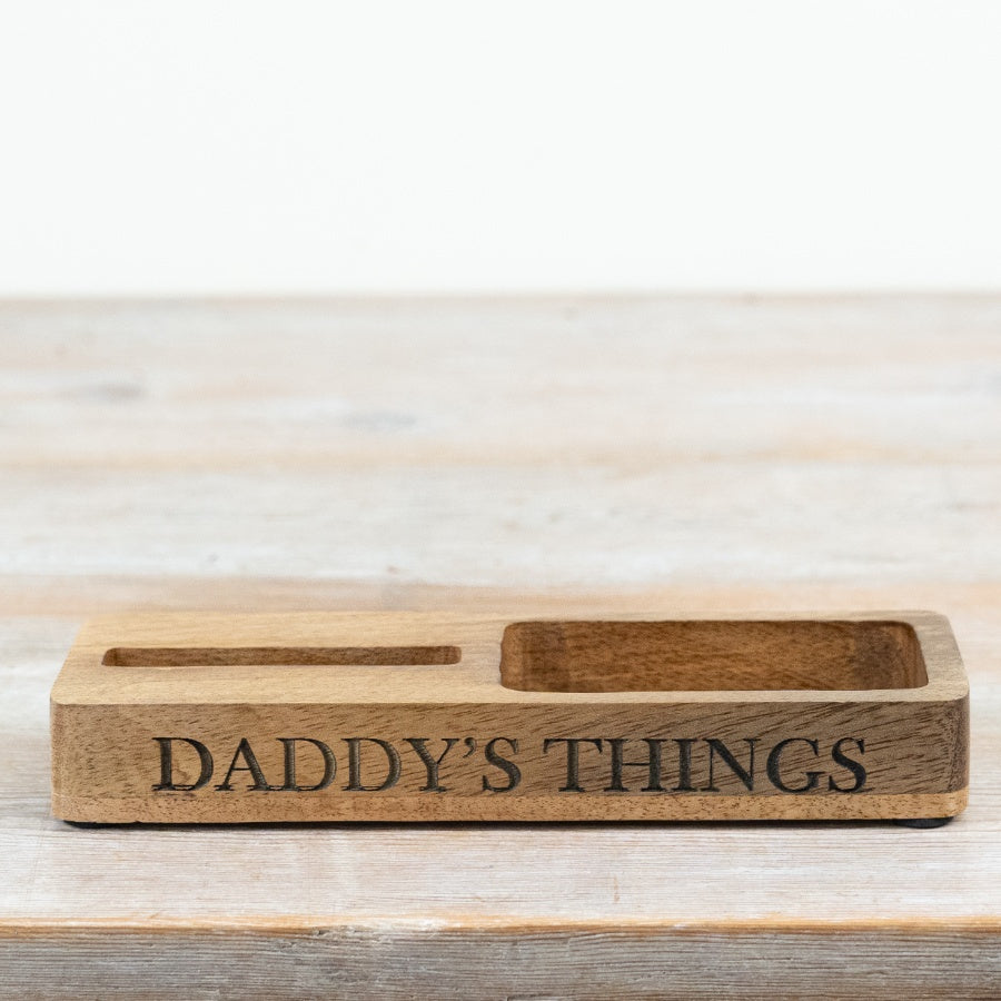 Wooden Dad Phone Stand with Storage 21.5cm – Father’s Day Gift, Desk Organiser Dock for Mobile, Keys & Essentials