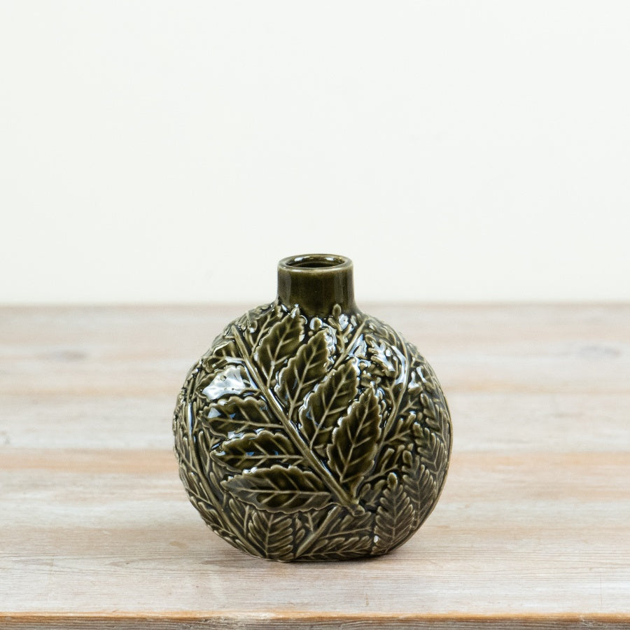 Green Leaf Vase Botanical Flower Vase Decorative Embossed Leaf Design Home Décor 12.7cm