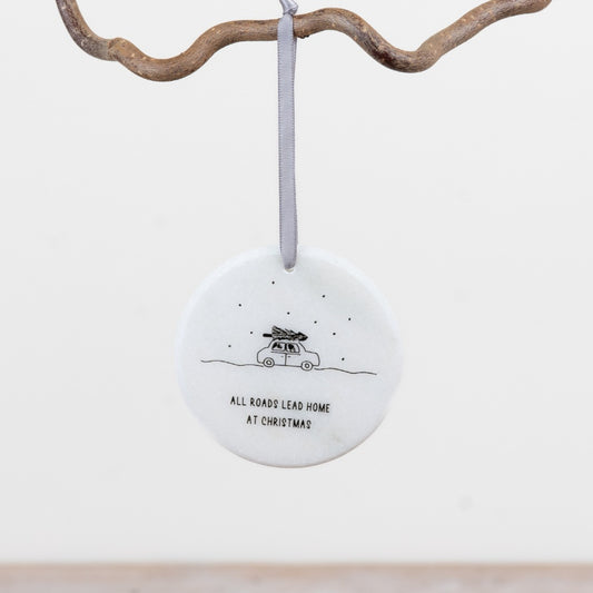 All Roads Lead Home Marble Hanging Decoration 7cm – White Marble Christmas Ornament Festive Keepsake Gift