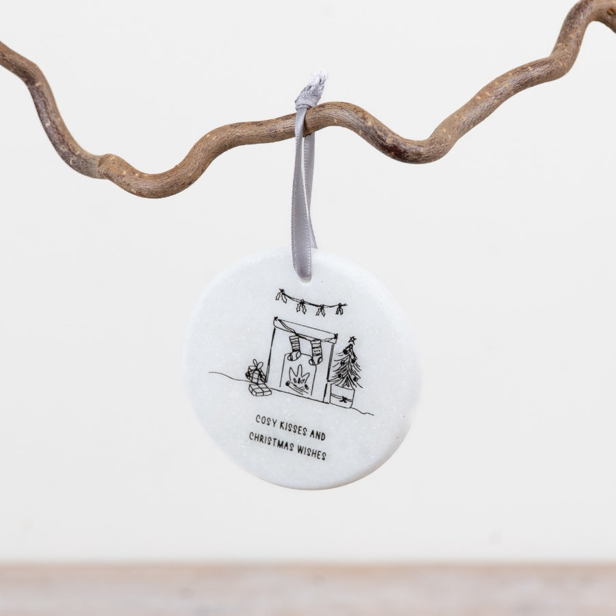 Cosy Kisses Marble Hanging Decoration 7cm – White Marble Christmas Ornament Festive Keepsake Gift Home Decor