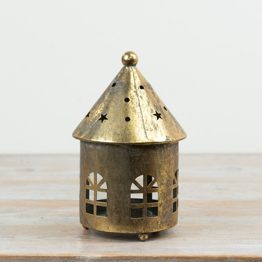 Antique Gold House Candle Holder Metal Tealight Lantern Christmas Home Décor Ornament 19cm