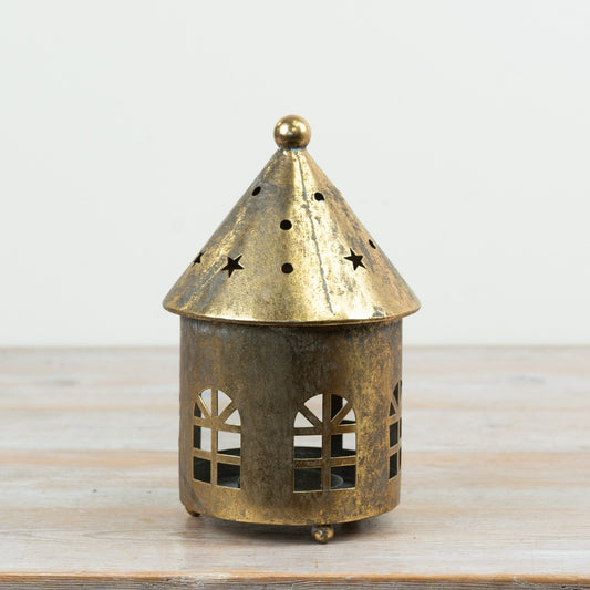 Antique Gold House Candle Holder Metal Tealight Lantern Christmas Home Décor Ornament 19cm