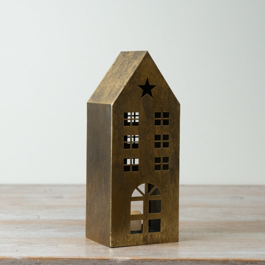 Gold Metal House Lantern Townhouse T-Light Holder Christmas Candle Lantern Festive Home Décor 25cm
