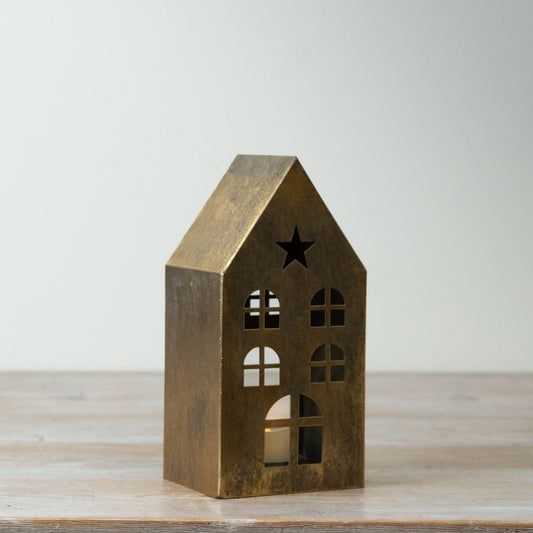 Gold Metal House Lantern Townhouse T-Light Holder Decorative Christmas Home Décor Lantern 20.5cm