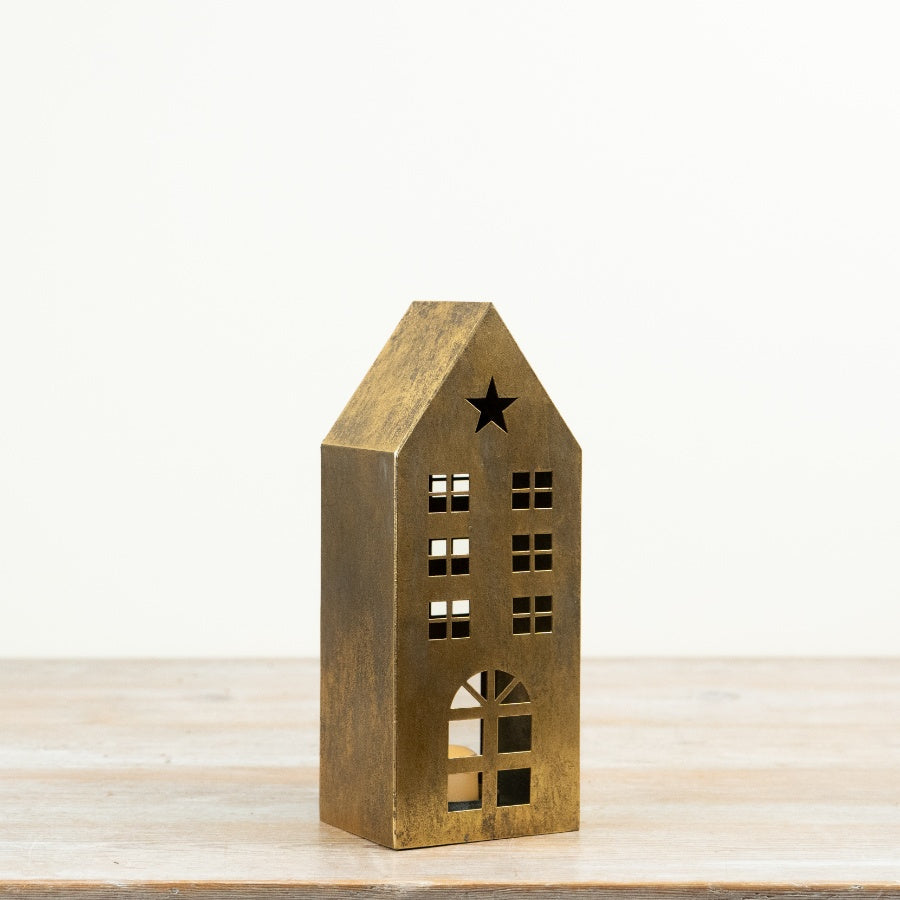 Gold Metal House Lantern Townhouse T-Light Holder Decorative Christmas Home Décor Lantern 20.5cm