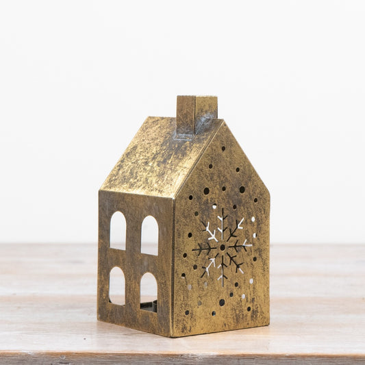 Antique Gold House T-Light Holder Metal Candle Holder Christmas Lantern Festive Home Décor 19cm