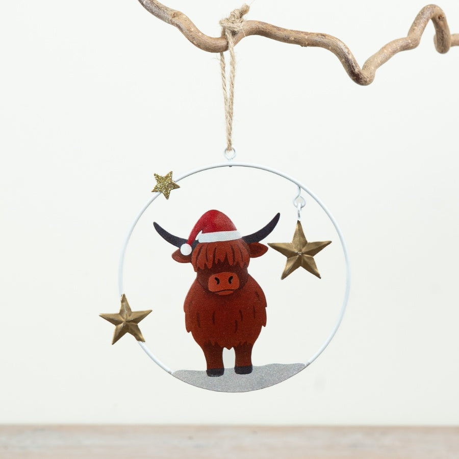 Christmas Highland Cow Hanger Metal Highland Cow Decoration Santa Hat Gold Stars Jute Hanging Ornament 12cm Item #81698