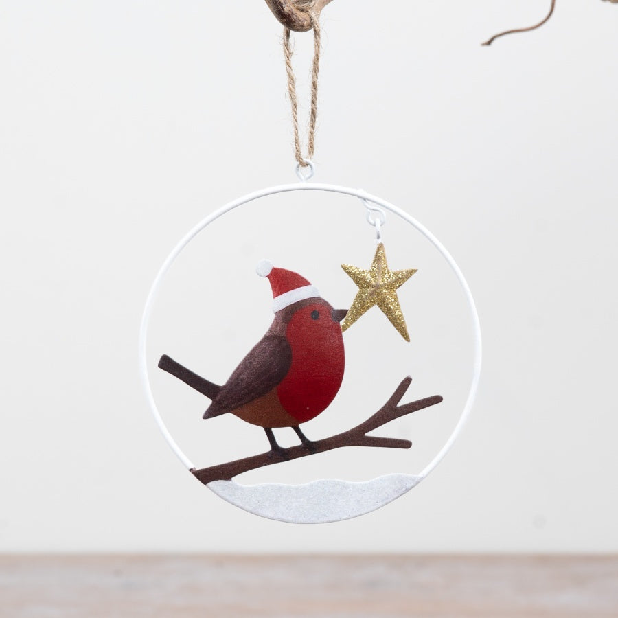 Metal Robin Hanger Red Breasted Robin Decoration Santa Hat Gold Star Jute Hanging Ornament 11.5x10cm Item #81700