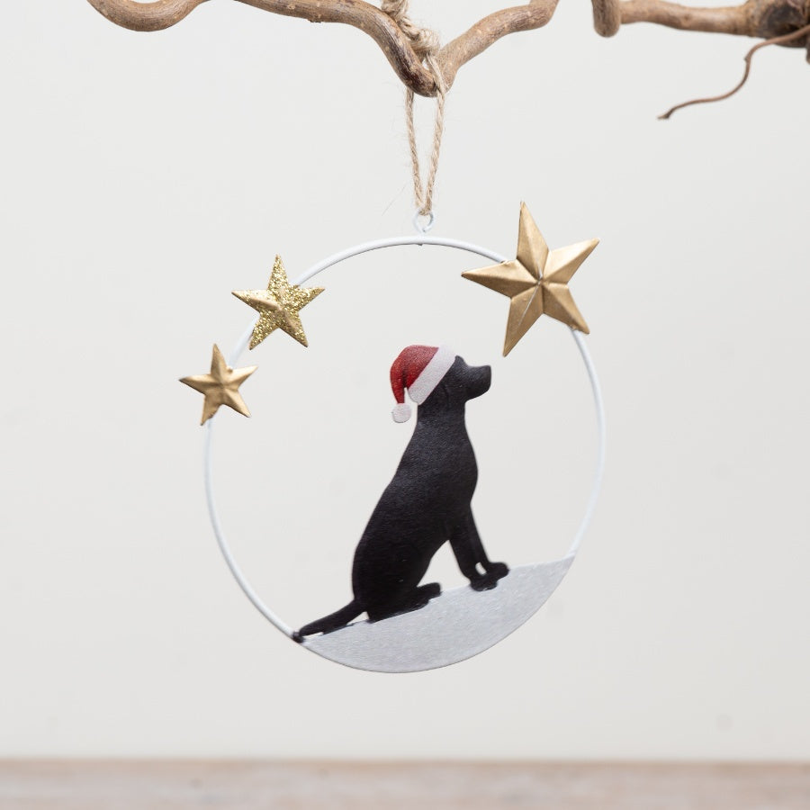 Dog Wreath Hanger Metal Dog Silhouette Decoration Santa Hat Gold Stars Jute Hanging Loop 13cm Item #81701