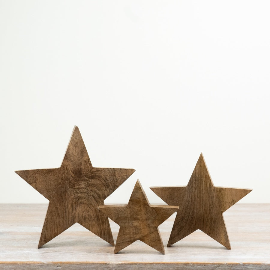 Set of 3 Mango Wood Star Ornaments Rustic Wooden Star Decorations Scandi Home Decor 25cm 20cm 15cm