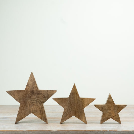 Set of 3 Mango Wood Star Ornaments Rustic Wooden Star Decorations Scandi Home Decor 25cm 20cm 15cm