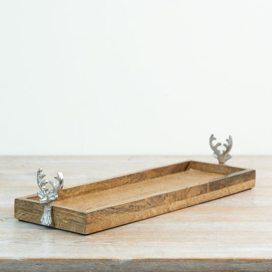 Wooden Serving Tray Silver Reindeer Handle Rustic Farmhouse Christmas Entertaining Décor 34cm Item #82607