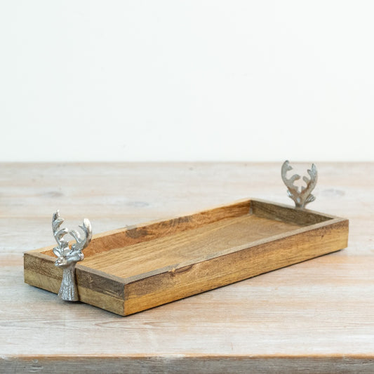 Wooden Serving Tray Silver Reindeer Handle Rustic Farmhouse Christmas Entertaining Décor 44cm Item #82608
