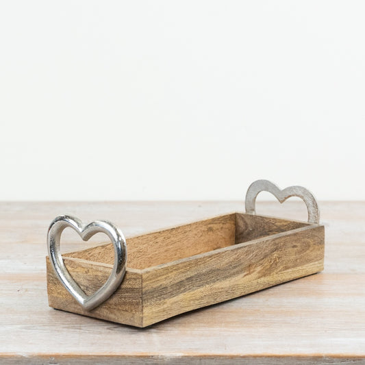 Wood Tray with Silver Heart Handle Wooden Serving Tray Decorative Storage Tray Rustic Home Décor 32cm