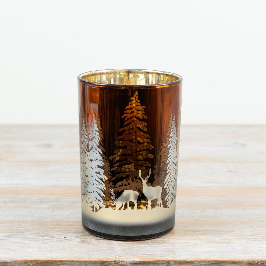 Deer Snowy Glass Candle Holder Frosted Winter Woodland Tealight Lantern Christmas Home Décor 18cm Item #82612