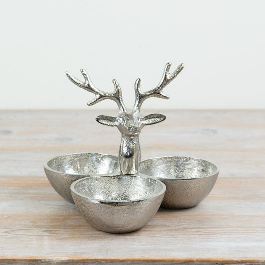 Stag Nibbles Dish Silver Aluminium Triple Serving Bowl with Stag Head Festive Tableware 20cm Item #82957