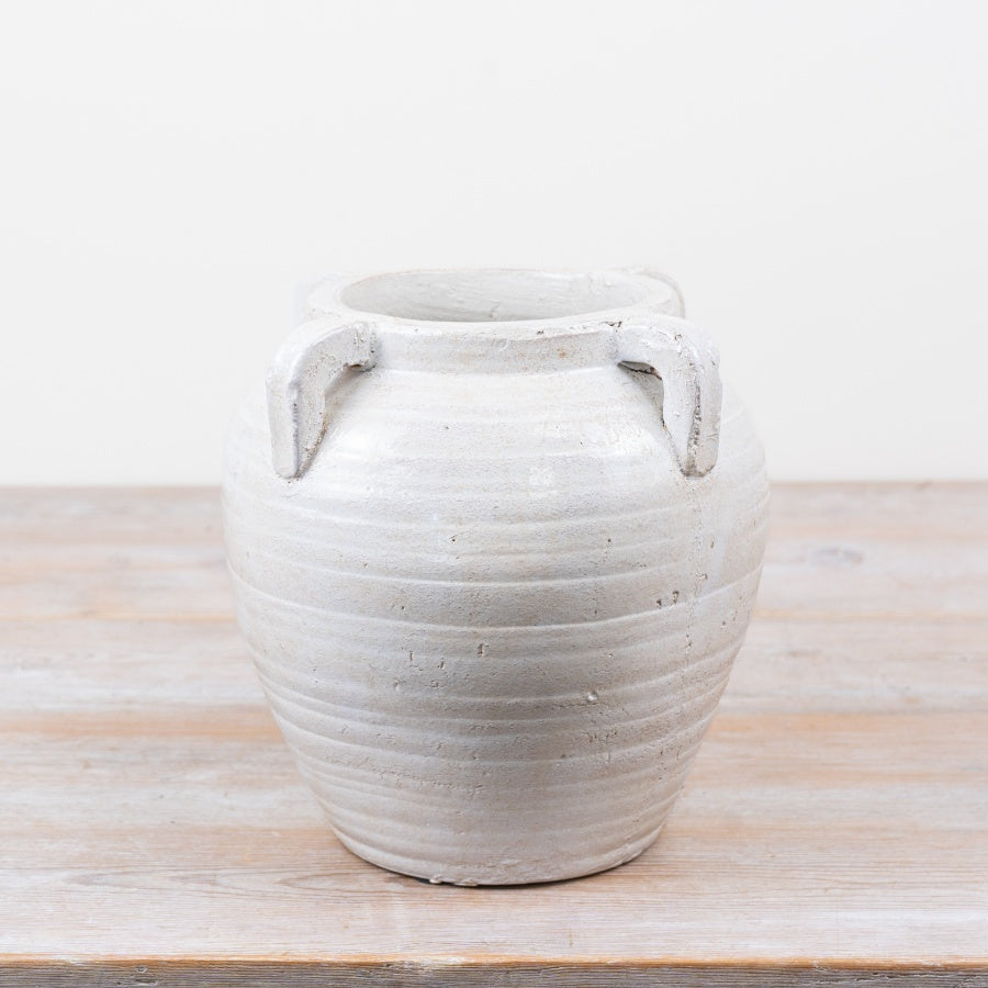 White Cement Vase with Handles Textured Decorative Vase Garden Home Decor 21.5cm