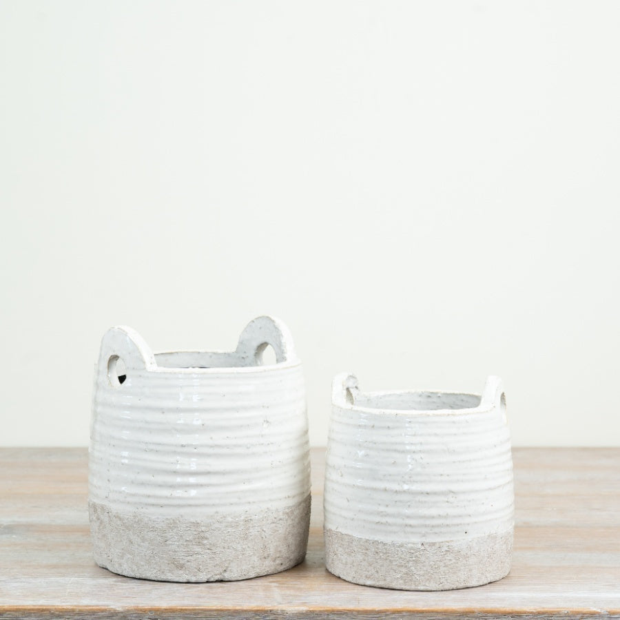 Two Tone Planter with Handles Ceramic Plant Pot Dual Tone Glaze Textured Indoor Garden Home Décor 16cm Item #83074