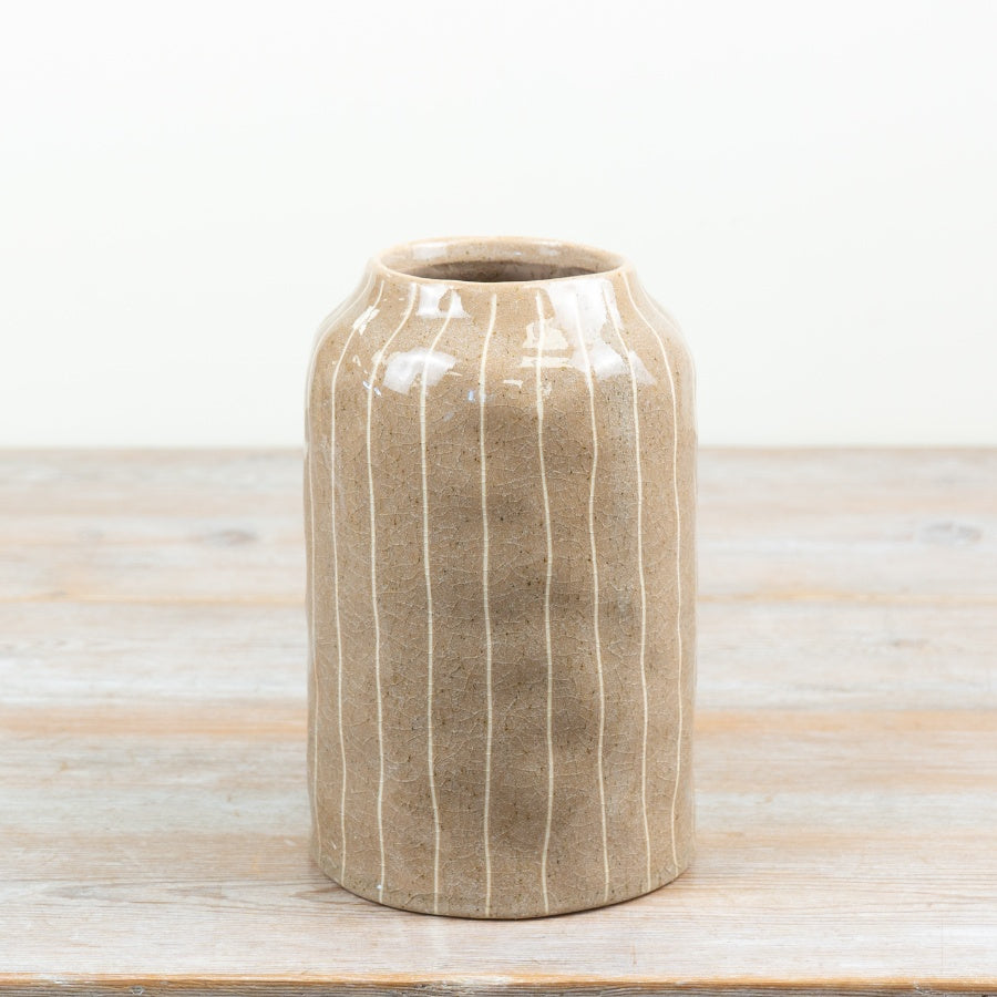 Lined Glazed Vase Ceramic Decorative Flower Vase Natural Glazed Vase Textured Home Décor Accent 20x12.5x12.5cm Item #83146