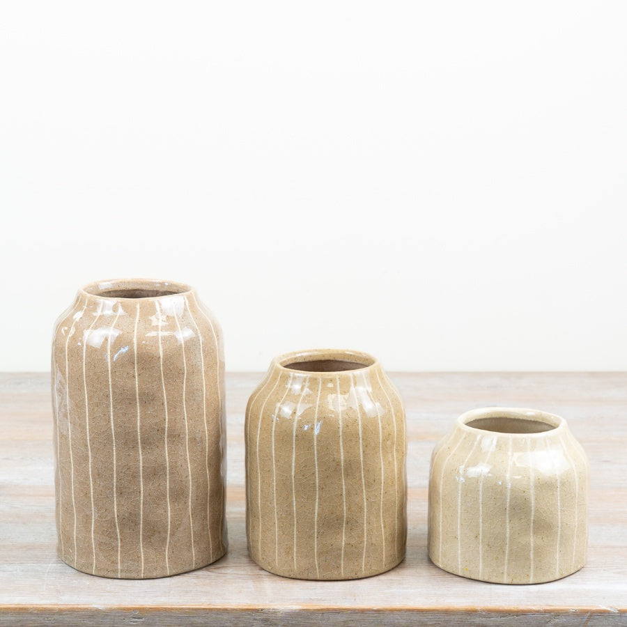 Lined Glazed Vase Ceramic Decorative Flower Vase Natural Glazed Vase Textured Home Décor Accent 20x12.5x12.5cm Item #83146