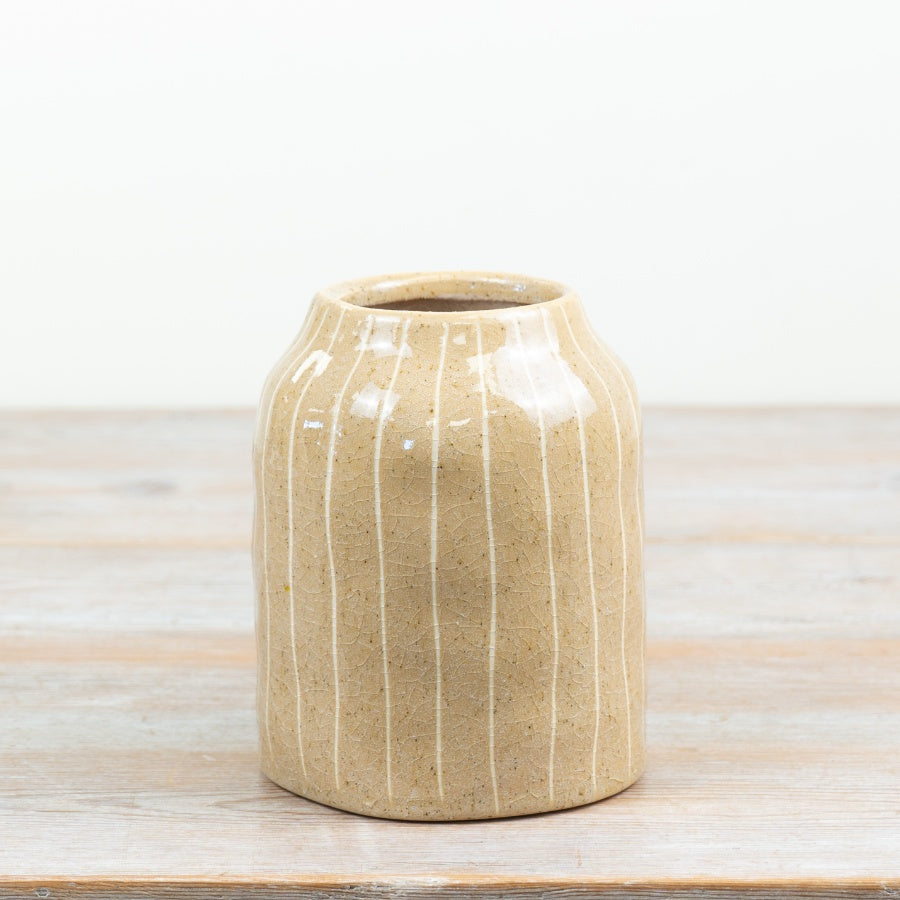Glazed Lined Vase Ceramic Decorative Flower Vase Textured Indented Design Neutral Home Décor 15x12x12cm Item #83147