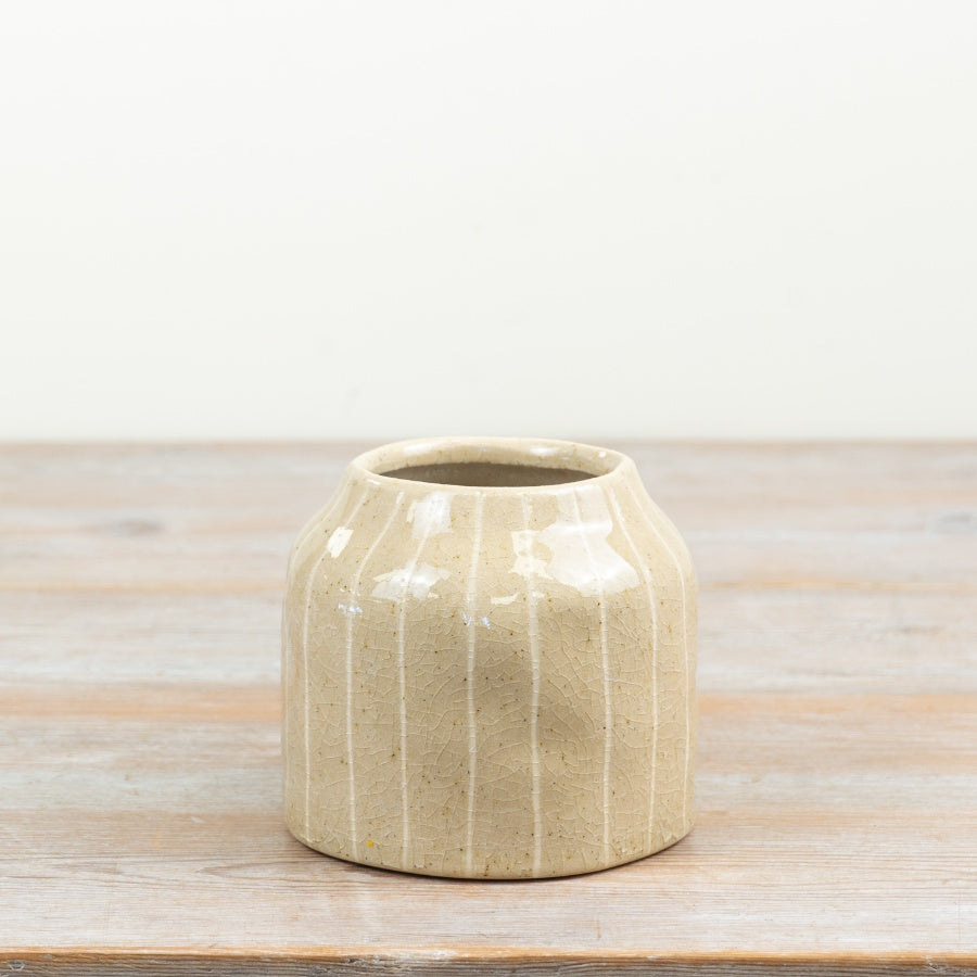 Natural Glazed Lined Vase Ceramic Decorative Vase Textured Lined Pattern Neutral Home Décor 11.5x11.5x10.5cm Item #83148
