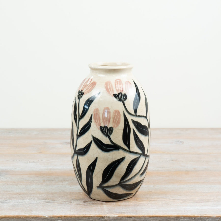 Leaf Design Vase Ceramic Floral Vase Green & Pink Pattern Decorative Flower Vase Home Décor 28x17x17cm Item #83152